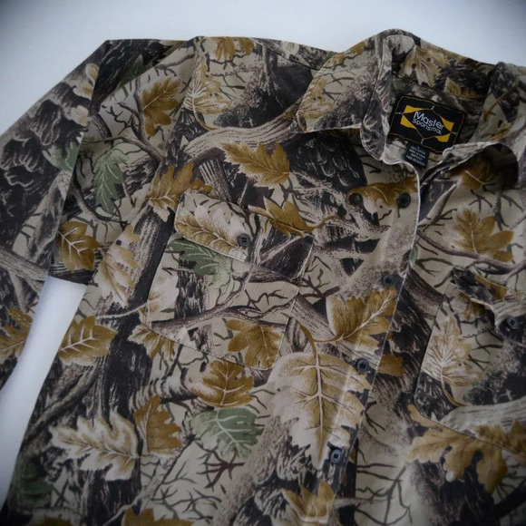 Vintage Master Sportsman Tan Brown & Camo Hunting Print 100%  Thick Cotton Shirt - Picture 11 of 12